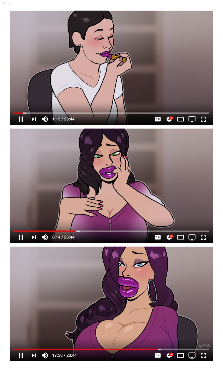 2018 absurd_res absurdres before_and_after big_breasts bimbofication black_hair blackshirtboy blue_eyes breasts camera comic commission digital_media_(artwork) earrings female_only gender_transformation hi_res high_resolution highres hypnotic_accessory hypnotic_lipstick jewelry large_breasts lip_expansion lipstick male_to_female nail_polish original purple_hair purple_lipstick solo solo_focus tagme text transformation