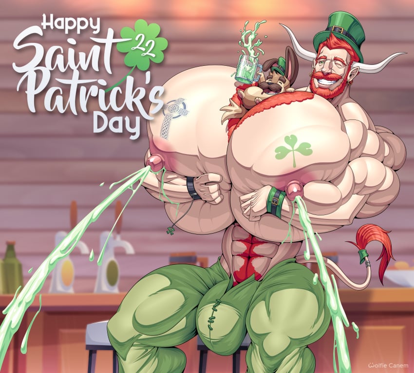2022 absurd_res alternate_version_at_source animal_humanoid anthro areola big_muscles big_pecs bodily_fluids body_hair bottomwear bovid bovid_humanoid bovine bovine_humanoid canid canine canis cattle_humanoid celtic_cross chest_tuft clothed clothing clover_(plant) clover_leaf cross duo four_leaf_clover hair happy_trail hat headgear headwear hi_res holidays huge_muscles huge_pecs humanoid hybrid hyper hyper_muscles hyper_pecs lactating lagomorph leaf leporid male male_lactation mammal mammal_humanoid milk_stream muscular nipples orange_hair pants pec_milking pec_squeeze pecs pink_areola pink_nipples plant projectile_lactation pubes rabbit ruaidhri_o'_bainne shamrock_shake st._patrick's_day tattoo top_hat topless tuft unusual_bodily_fluids unusual_lactation wolf wolfie_canem wolfiecanem