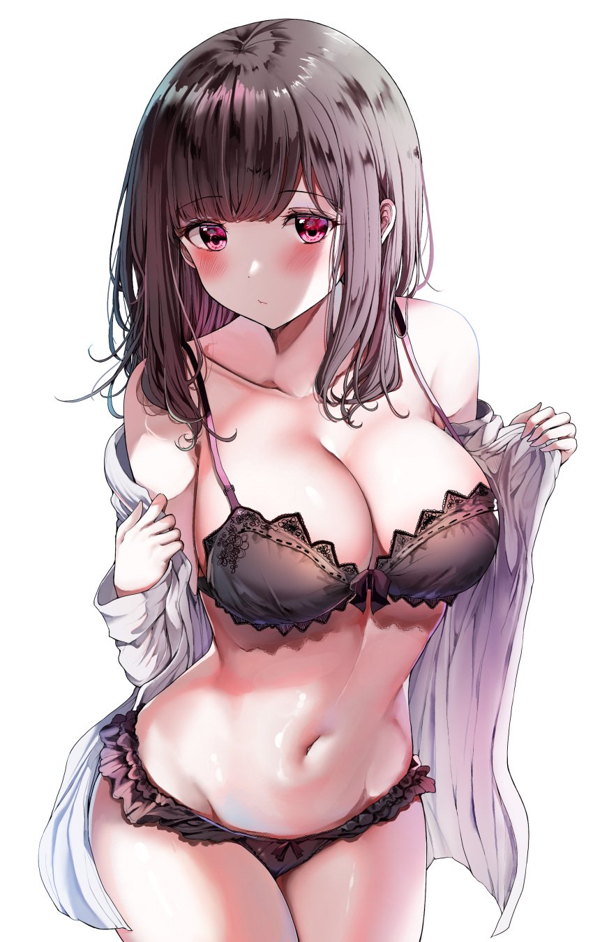 1girls absurdres bare_shoulders black_bra black_hair blush bra breasts cleavage closed_mouth collarbone commentary cowboy_shot female frilled_panties frills groin highres lace lace-trimmed_bra lace_trim large_breasts lingerie long_hair long_sleeves looking_at_viewer navel off_shoulder open_clothes open_shirt original panties pink_eyes sak_(lemondisk) shirt sidelocks simple_background solo stomach strap_gap thighs underwear usami_kaede white_background white_shirt