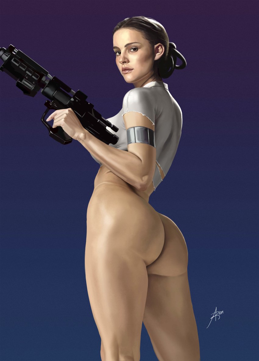 1girls actress alternate_version_available arion69 arm_up armlet armwear ass attack_of_the_clones background bare_ass beauty_mark big_ass blaster blue_background bottomless bottomless_female brown_eyes brown_hair celebrity eyebrows eyes female female_focus female_only gun hair holding_gun holding_object holding_weapon human human_only large_ass legs light-skinned_female light_skin lips looking_at_viewer looking_back looking_back_at_viewer looking_down looking_down_at_viewer lucasfilm medium_breasts mole mole_under_eye natalie_portman nude nude_female nudity open_eyes padme_amidala partially_clothed patreon pinup pose ranged_weapon real_person realistic rear_view shiny_skin shirt short_sleeves side_view signature simple_background solo solo_female solo_focus standing star_wars thick_thighs tied_hair torn_clothes torn_shirt weapon white_clothing