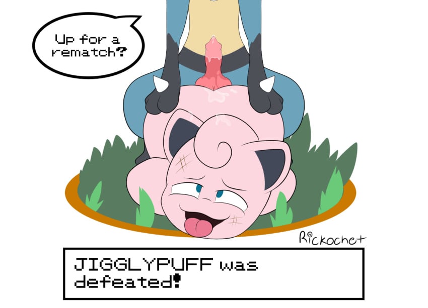 adorable anthro ass big_ass big_butt blue_eyes cum cum_in_ass cum_inside cum_on_butt cute cute_face female jigglypuff lucario male naked nintendo nude nude_female penis pink_body pink_skin pokemon pokemon_(species) rickochet sex text tongue tongue_out