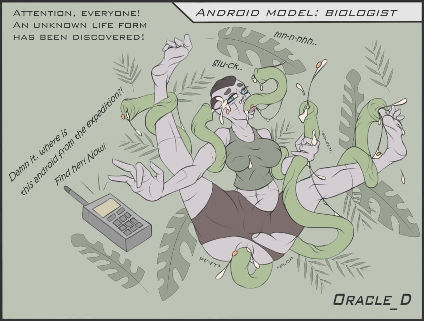 4_fingers all_the_way_through anal anal_sex android blue_eyes cum cum_in_ass cum_in_mouth cum_inside cum_on_body cum_on_face cumshot feet_fucking female grey_body horsecock_tentacles jizz jungle oracle_dominus plant_tentacle rape restrained ripped_clothing squeezing tentacle tentacle_rape tentacle_sex