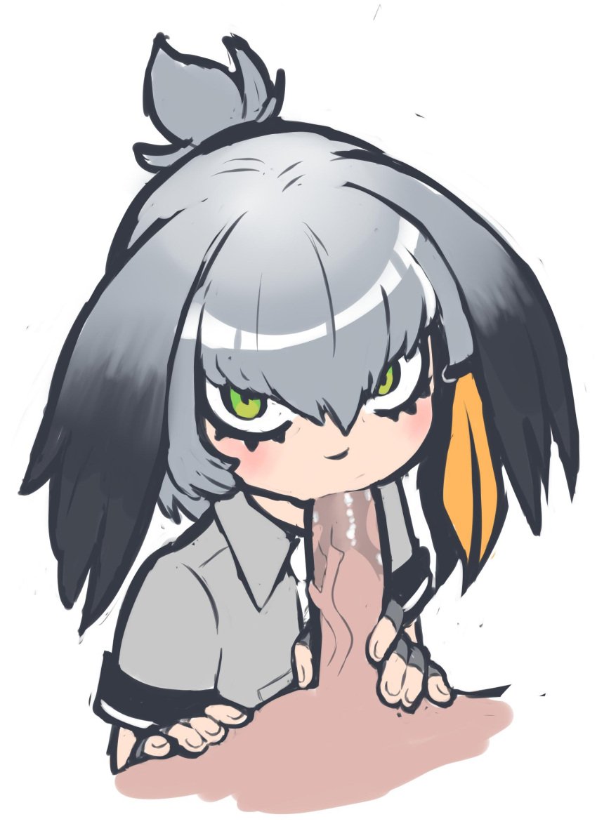 1boy 1girls bangs black_gloves fellatio female fingerless_gloves gloves green_eyes hair_tie head_wings kemono_friends looking_at_viewer male notepaddy oral saliva shoebill_(kemono_friends) silver_hair simple_background solo_focus straight white_background