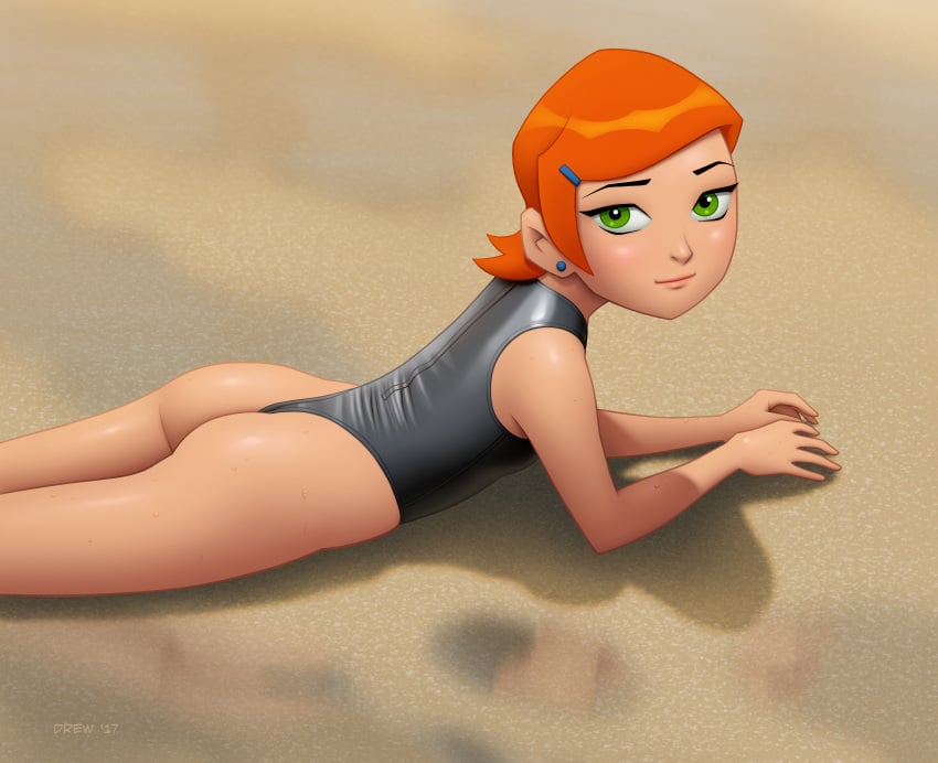 1girls 2017 ass beach ben_10 butt cartoon_network drew_gardner female female_only green_eyes gwen_tennyson highleg highleg_swimsuit looking_at_viewer one-piece_swimsuit swimsuit very_high_resolution