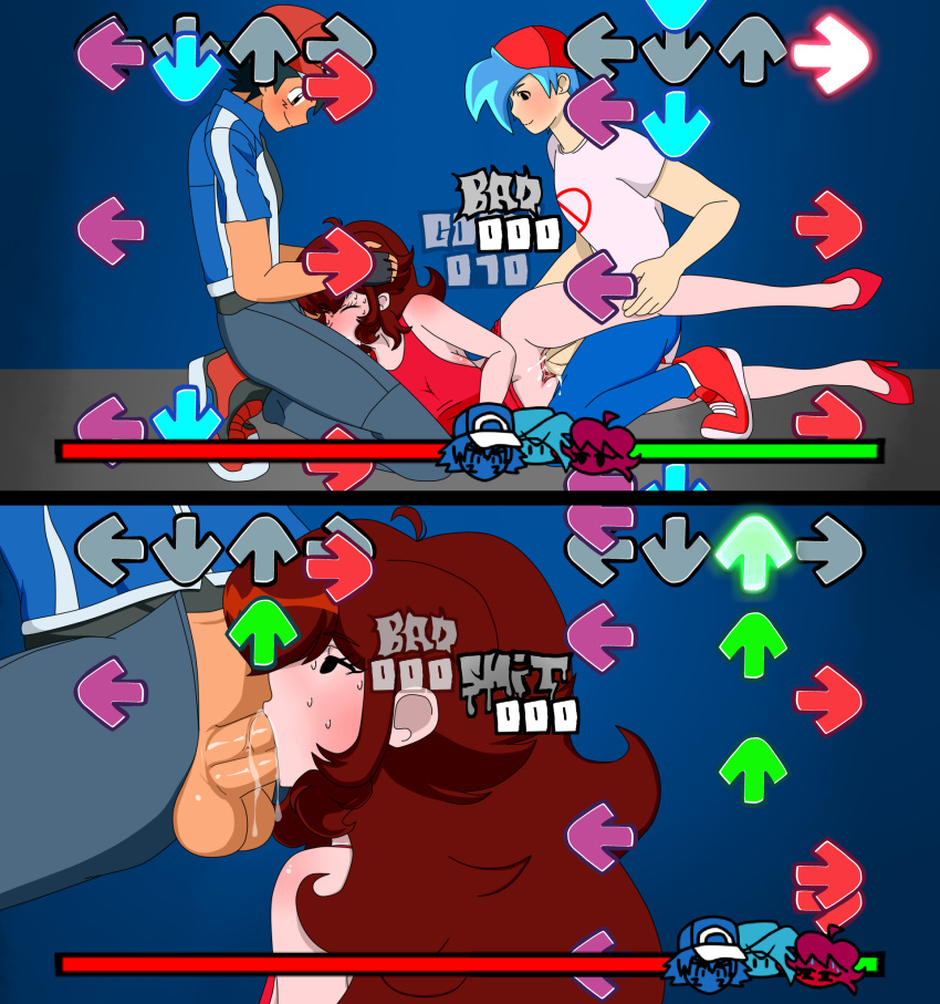 1girls 2boys age_difference aged_up arrows arrows_(friday_night_funkin) black_hair blue_hair boyfriend_(friday_night_funkin) crossover edit friday_night_funkin gameplay_mechanics girlfriend_(friday_night_funkin) oral_penetration pokemon red_cap red_dress red_hair red_hat satoshi_(pokemon) tagme threesome vaginal_penetration xml_xrossover(artist)