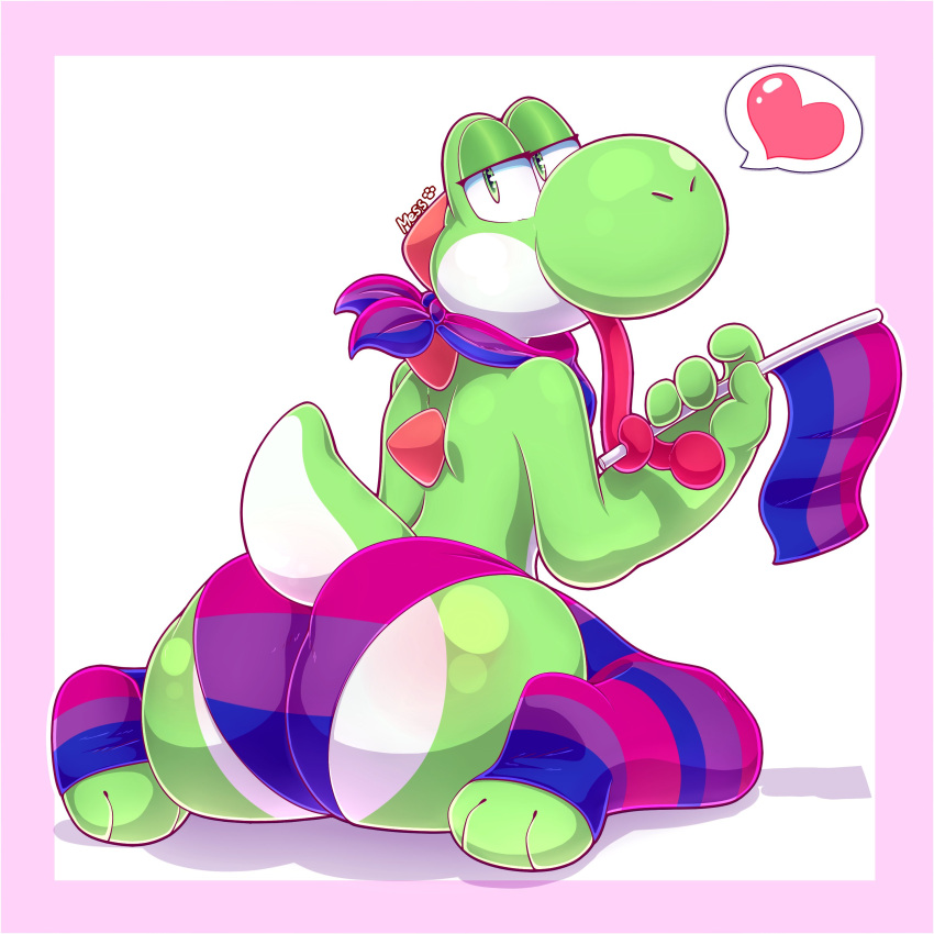 1boy anthro ass big_ass big_butt bisexual_pride_colors briefs cute cute_face femboy femboy_only flag full_body girly green_body green_eyes green_skin half-closed_eyes heart holding_flag looking_at_viewer looking_back love male male_only mario_(series) mess nintendo ott_tart otto0ttsy panties pink_border scarf simple_background sitting socks solo speech_bubble spoken_heart tail tongue tongue_out underwear wariza white_background yoshi