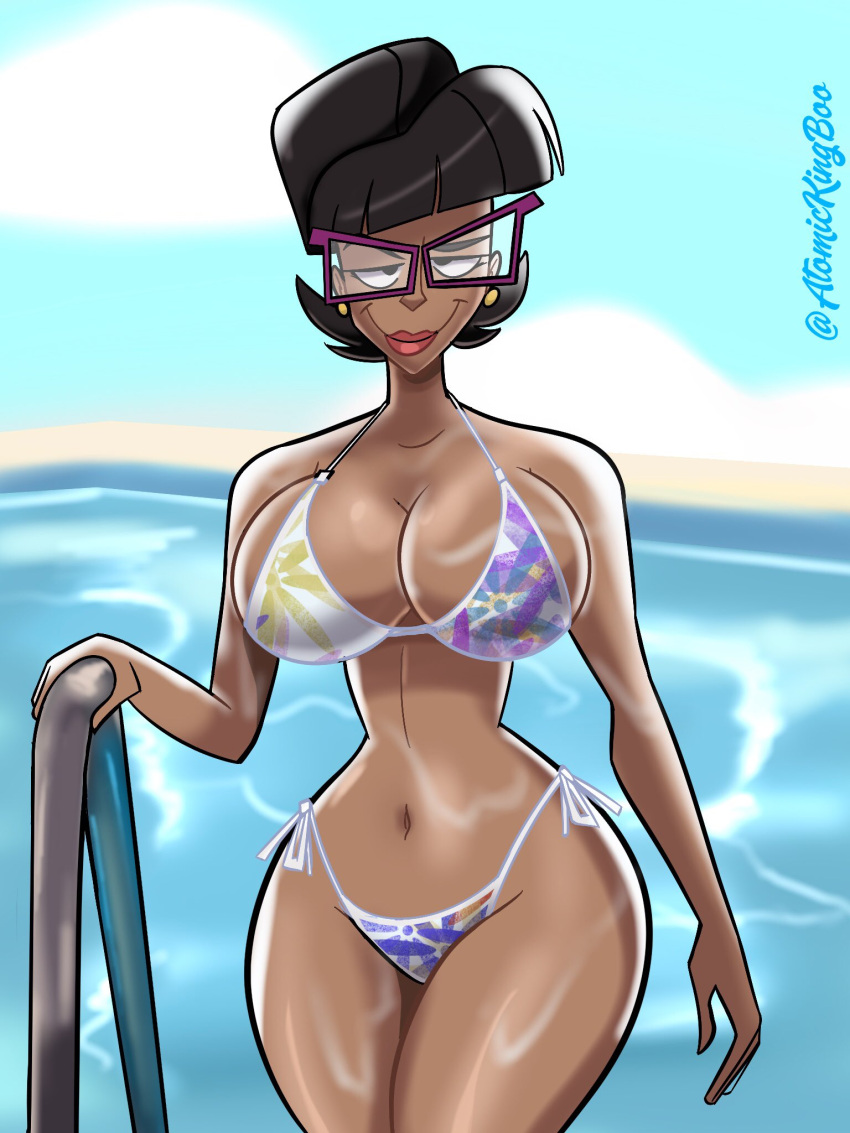 1girls animaniacs animaniacs_(2020) atomickingboo big_breasts bikini bitch_face cleavage dark-skinned_female dark_hair dark_skin female female_only glasses green_eyes hourglass_figure latina long_nose looking_at_viewer nora_rita_norita seductive short_hair thighs wide_hips