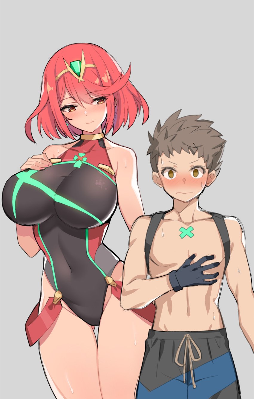 1boy 1girls 2020 absurd_res ara_ara ass_visible_through_thighs black_gloves blush breast_suppress breasts brown_eyes brown_hair covered_navel earrings embarrassed eyebrows_visible_through_hair female gloves grey_background hand_on_back hand_on_chest highres jewelry large_breasts looking_at_another looking_at_viewer male navel nervous nintendo one-piece_swimsuit orange_eyes pyra red_hair rex_(xenoblade) seductive serin199 short_hair simple_background smaller_male smile standing sweat sweatdrop swim_trunks swimsuit swimwear thick_thighs thighs tiara wavy_mouth wide_hips xenoblade_(series) xenoblade_chronicles_2