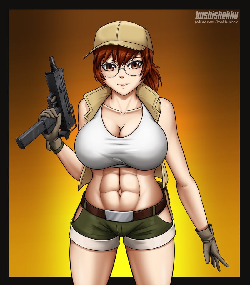 1girls abs automatic_weapon big_breasts breasts cleavage female female_only fio_germi gun huge_breasts kushishekku mac-10 machine_pistol metal_slug muscular_female simple_background snk submachine_gun weapon