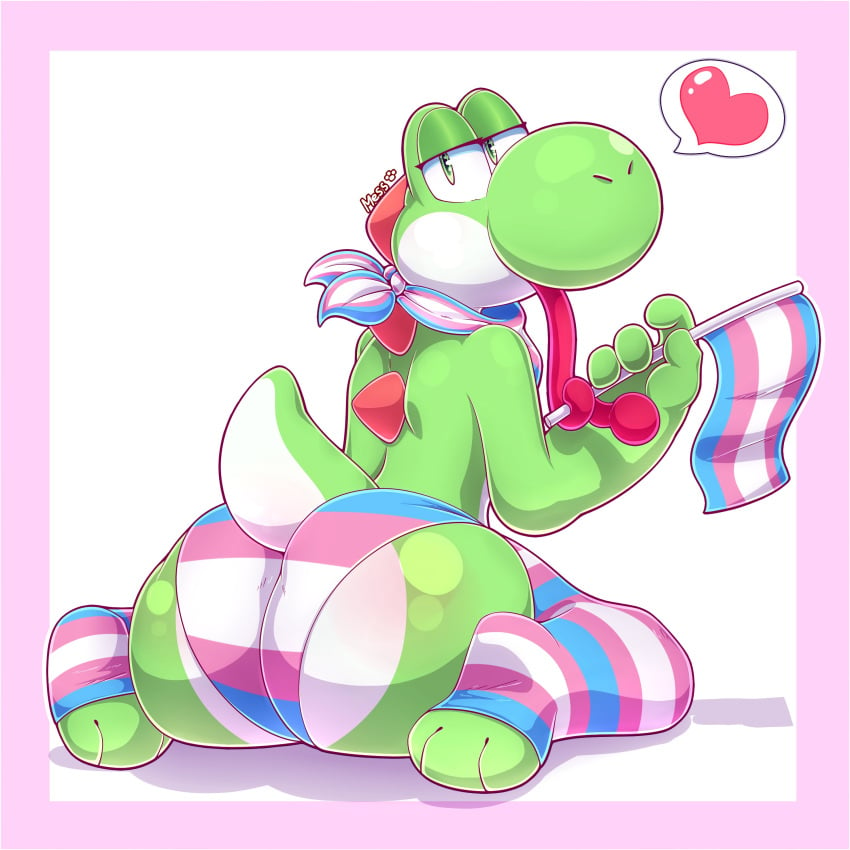 1boy anthro ass big_ass big_butt briefs cute cute_face femboy flag full_body gay green_body green_eyes green_skin half-closed_eyes heart holding_flag looking_at_viewer looking_back love male male_only mario_(series) mess nintendo ott_tart otto0ttsy panties pink_border scarf simple_background sitting socks solo speech_bubble spoken_heart tail tongue tongue_out transgender_pride_colors underwear wariza white_background yoshi