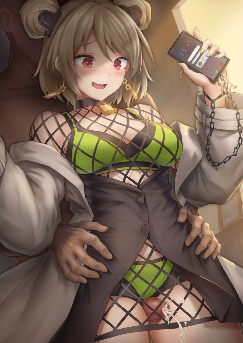 1boy absurdres bangs between_thighs bikini black_shorts blush breasts brown_hair cellphone censored chains cleavage coat cum cumshot double_bun ejaculation eyebrows_visible_through_hair female girls'_frontline green_bikini green_nails hair_ornament hands_up highres holding holding_phone long_sleeves looking_down medium_breasts medium_hair mingke mosaic_censoring nail_polish off_shoulder open_mouth p90_(girls_frontline) penis phone red_eyes short_shorts shorts smartphone smile solo_focus swimsuit thigh_sex torso_grab white_coat