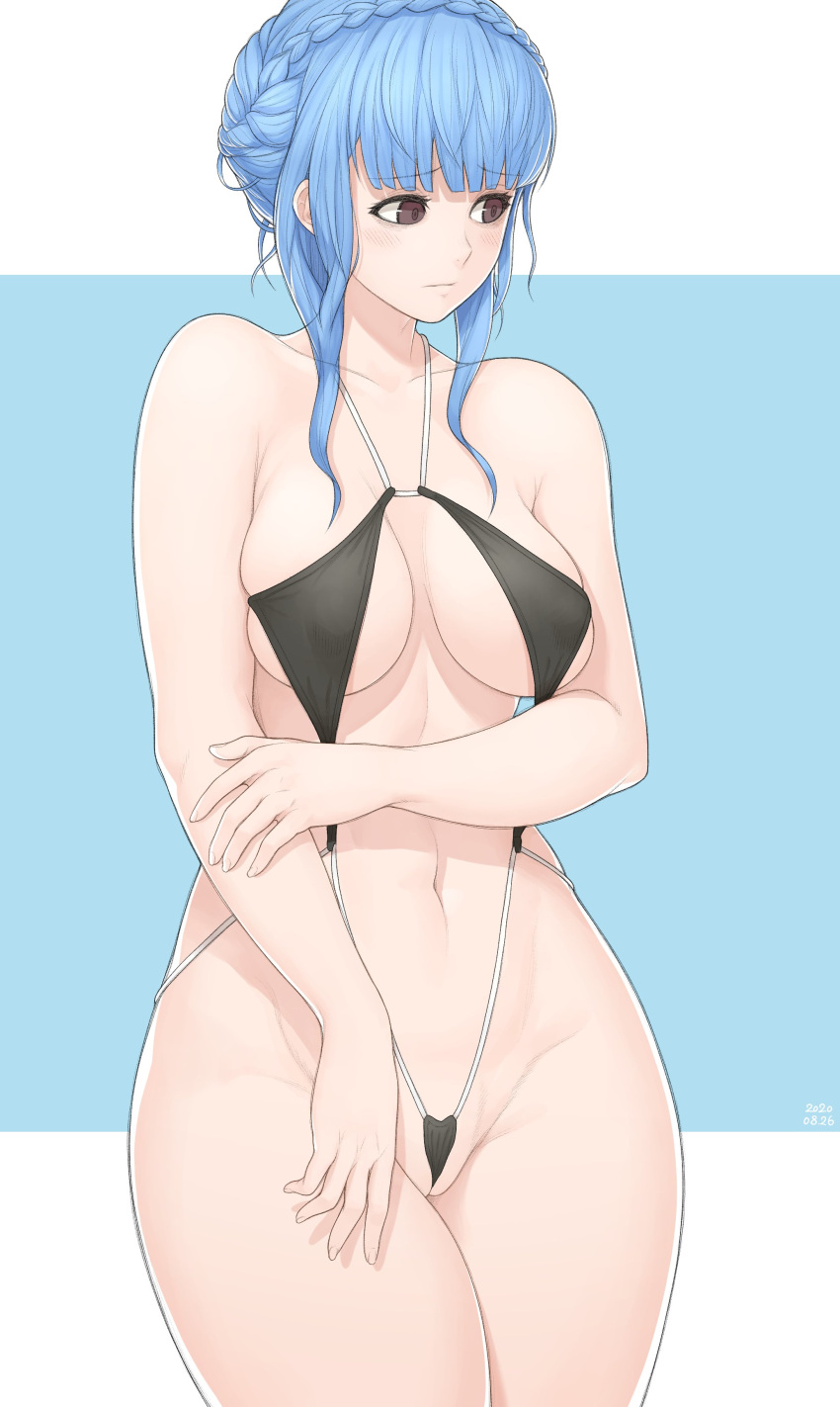 1girls alternate_costume blue_hair braid breasts brown_eyes closed_mouth crown_braid dated embarrassed female fire_emblem fire_emblem:_three_houses grey_eyes marianne_von_edmund mogtate nintendo pussy simple_background slingshot_swimsuit solo source_larger swimsuit vagina wedgie white_skin