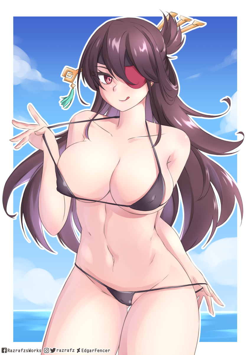 1girls beidou_(genshin_impact) big_breasts bikini black_bikini breasts cleavage eyepatch female genshin_impact hi_res razrafz smile