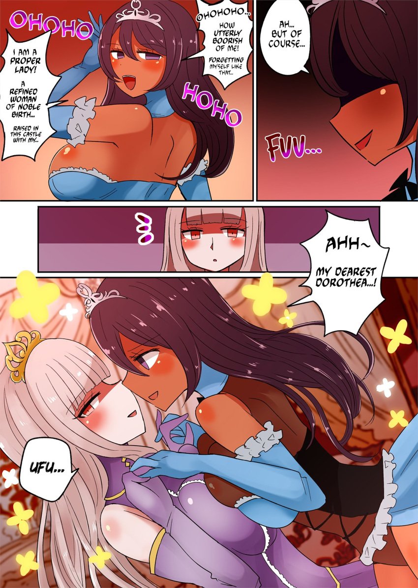 1boy 2girls ass_expansion breast_expansion corivas dialogue english_text female gender_transformation hair_growth male mtf_transformation original original_character princess royalty rule_63 text transformation translated vae_c yuri