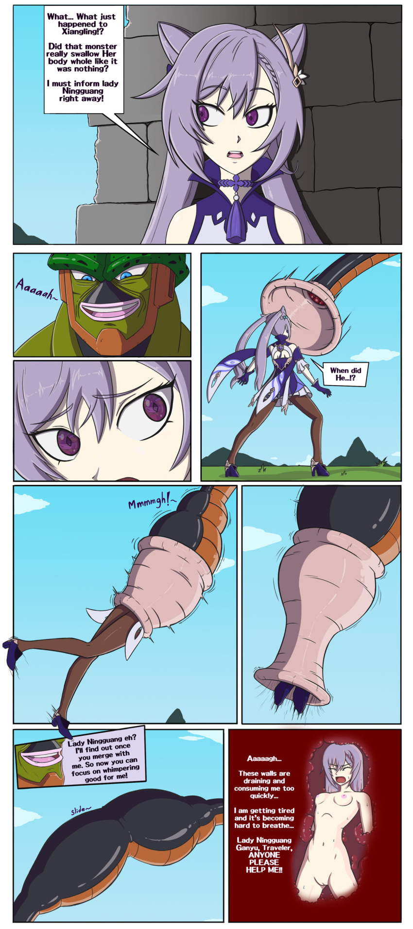 breasts bulge cell_(dragon_ball) clothing comic crossover dragon_ball dragon_ball_z embarrassed flesh_tunnel fleshy_tentacle forced genshin_impact grunting huge_tail keqing_(genshin_impact) kicking legs_up moaning nipple_bulge nipples nude nude_female pantyhose predator/prey prey purple_hair pussy scared shiny_skin smile smiling struggling struggling_prey sucking tail tail_bulge tail_vore text text_box text_bubble trapped upset vore yugerov