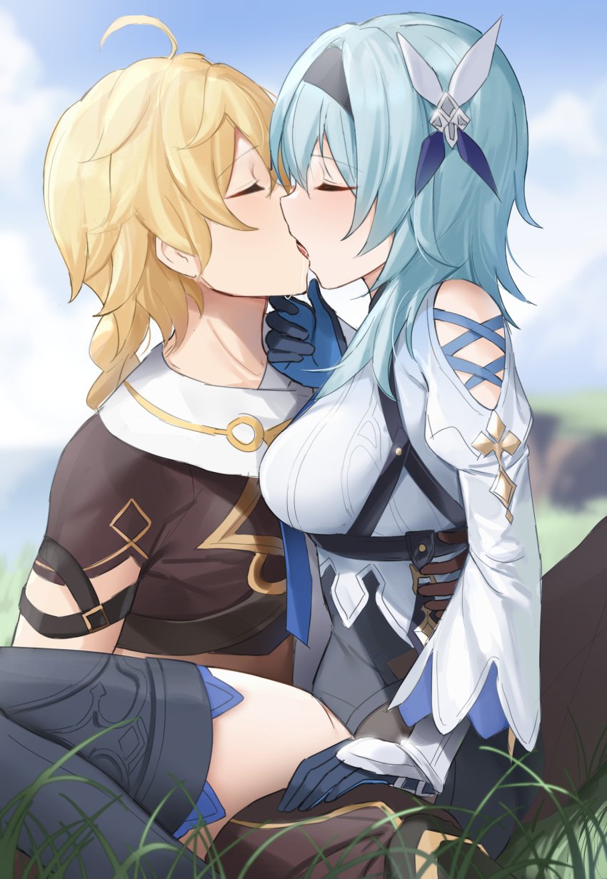 1boy 1girls aether_(genshin_impact) ahoge blonde_hair blue_hair boots breasts closed_eyes clothing eula_(genshin_impact) eyes_closed french_kiss genshin_impact headband hi_res high_heel_boots kissing open_mouth outdoors outside saliva saliva_trail shengtian sitting_on_lap straight thigh_boots thighhighs tongue tongue_out wrist_grab