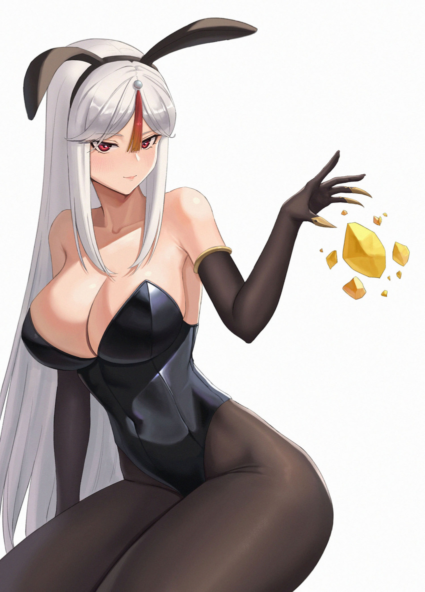 1girls 2021 alternate_version_available armwear bare_shoulders big_breasts black_armwear black_legwear black_leotard black_pantyhose blush breasts bunny_ears cleavage collarbone covered_navel covered_nipples fake_animal_ears female female_focus female_only genshin_impact highleg_leotard legwear leotard ningguang_(genshin_impact) pantyhose playboy_bunny red_eyes silver_hair simple_background solo solo_female solo_focus sp123 thick_thighs thighs white_background white_hair