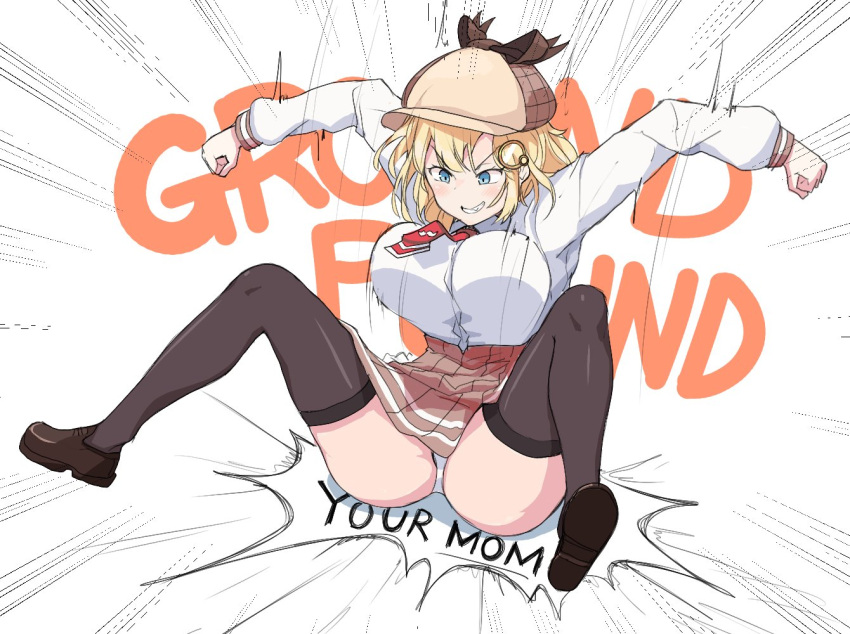 big_breasts blonde_hair blue_eyes english_text female ground_pound hat hololive hololive_english hololive_myth leggings panties short_hair sinensian skirt skirt_lift thick_thighs tie upskirt virtual_youtuber watson_amelia