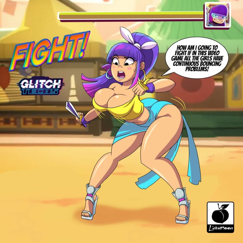 big_breasts bouncing_breasts cleavage clothing female_only fighting_ring glitch_techs high_heels large_breasts linkartoon miko_kubota netflix nickelodeon open_toe_shoes parody ponytail purple_hair skimpy speech_bubble