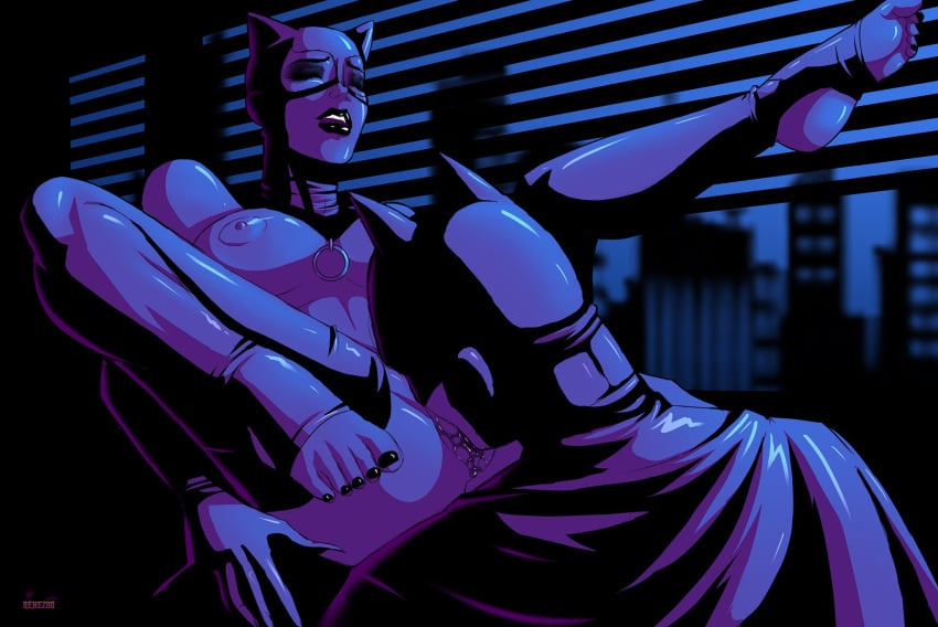 1boy 1boy1girl 1girls batman batman_(series) bodily_fluids breasts bruce_wayne cat_costume catwoman closed_eyes cunnilingus dc dc_comics eye_shadow feet feet_up legs_apart legs_up legwear licking limited_palette makeup male/female nipples oral oral_sex pussy renezuo selina_kyle straight toeless_legwear