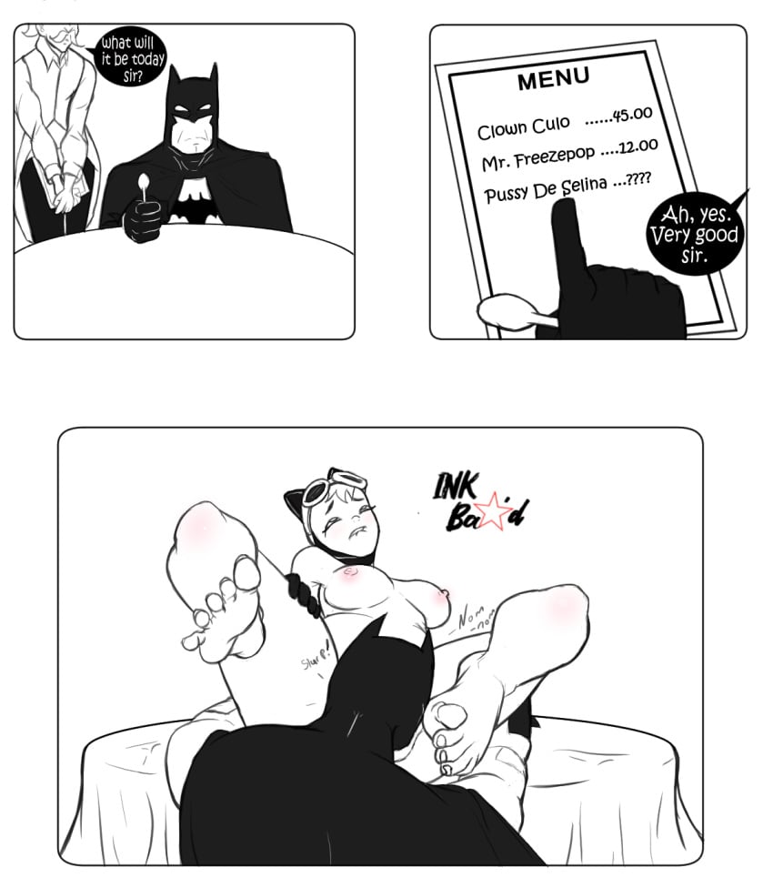 1boy1girl 1girls 2021 artist_signature batman batman_(series) biting_lip bruce_wayne catwoman comic cunnilingus dc dc_comics digital_media_(artwork) female hi_res high_resolution highres human human_only inkbastardo male male/female mask menu nipples not_furry nude oral oral_sex selina_kyle signature speech_bubble waiter white_background