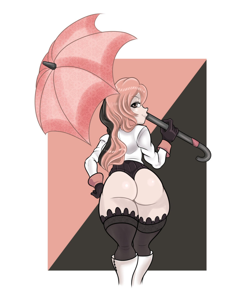 1girls ass big_ass drillslewds female female_only huge_ass hush_(rwby) looking_back neo_(rwby) parasol pawg presenting_ass rear_view rwby smirk standing tagme thick_thighs thighhighs velvet_gloves walking weapon