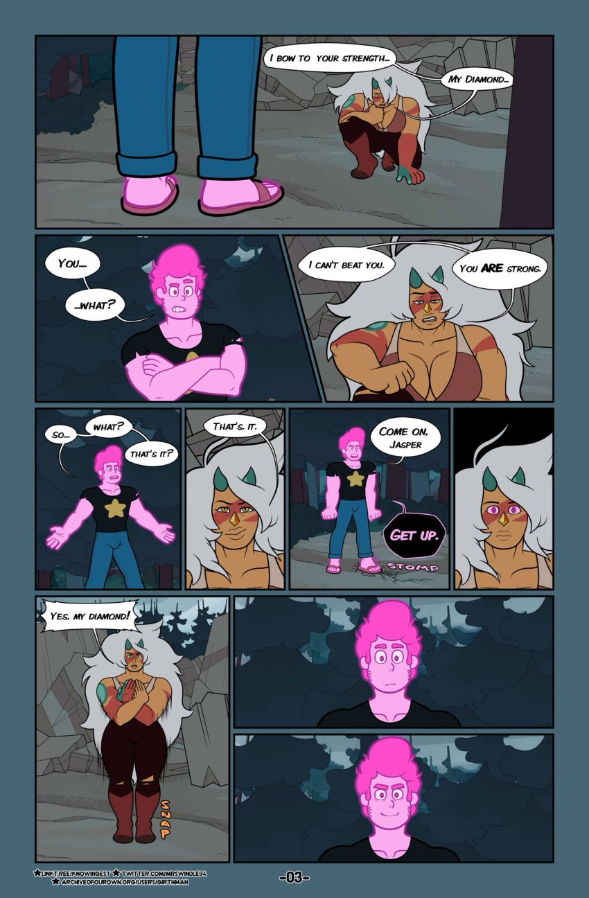 breasts cartoon_network cleavage comic comic_page dark_kaje english_text female fragments_(steven_universe_future) gem_(species) hypnosis jasper_(steven_universe) male mind_control mrswindle94 orange_skin page_3 page_number steven_quartz_universe steven_universe steven_universe_future