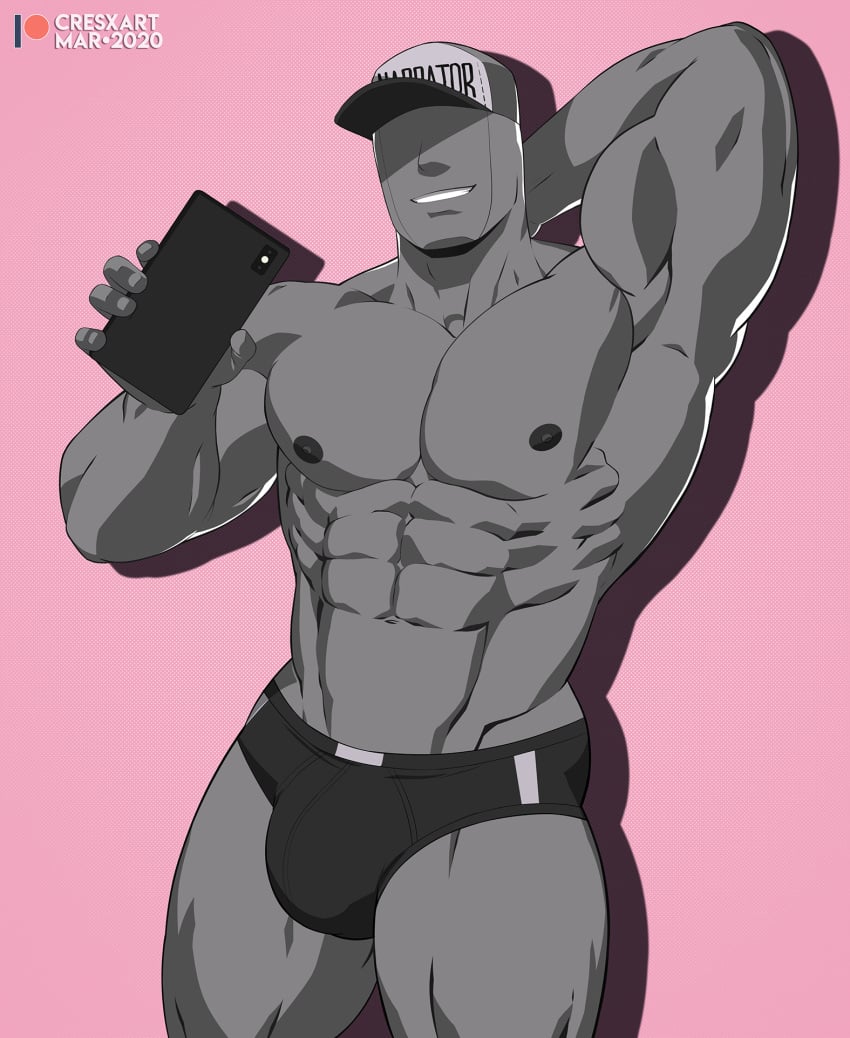 arms_behind_head big_penis big_thighs bulge cresxart faceless_male grin male_only monster_prom muscles muscular_male narrator_(monster_prom) pecs solo_male underwear