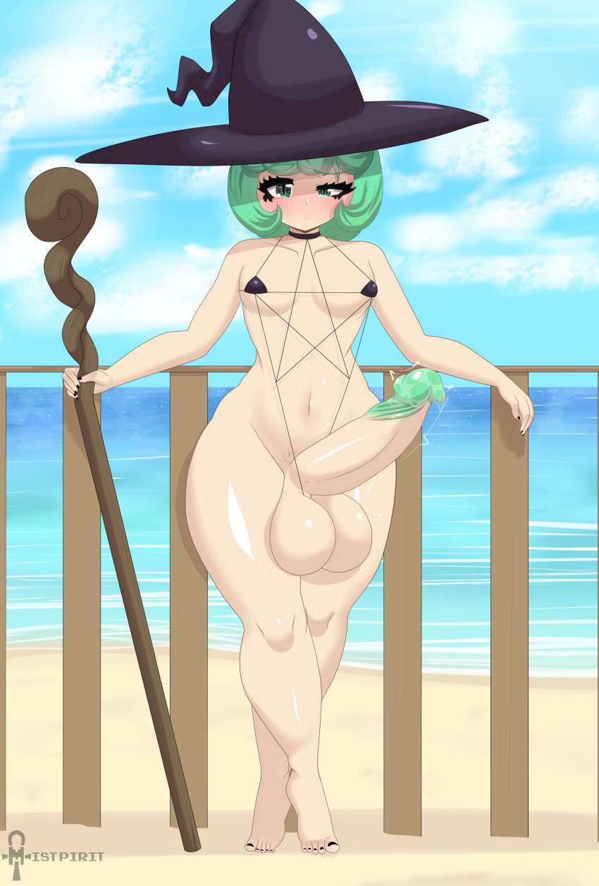 1futa balls beach beach_background berserk black_nail_polish black_nails black_toenails blue_sky blush blushing_at_viewer bottom_heavy cane clothed clothing clouds confused_look confusion erection fence futa_only futanari green_eyes green_hair green_penis huge_balls huge_cock human light_skin looking_at_viewer magical_girl mistpirit mostly_nude ocean pale_skin penis precum pubic_hair sand schierke small_breasts solo standing thick_thighs throbbing throbbing_penis tight_bikini tight_clothing witch_hat