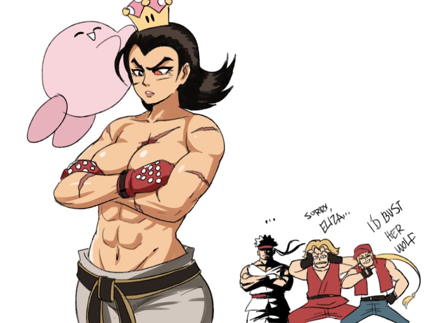 1girls 2021 3boys 4:3 :d ^_^ abs black_eyes black_hair blonde_hair breast_squeeze cleavage clothed clothing covering covering_breasts crossover crown english_text fatal_fury female female_focus genderswap_(mtf) gloves highres humor kazuya_mishima ken_masters king_of_fighters kirby kirby_(series) long_hair looking_at_another looking_at_breasts looking_down male mario_(series) multiple_boys muscles muscular muscular_female navel new_super_mario_bros._u_deluxe nintendo pants pink_body reaction red_eyes red_gloves rule_63 ryu_(street_fighter) scar scar_on_arm scar_on_chest scar_on_face scars shaded_face short_hair simple_background street_fighter super_crown super_smash_bros. surprised teeth tekken terry_bogard text tinafate1 topless white_background