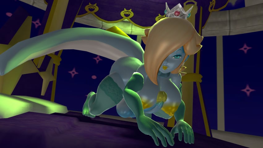 1futa 3d anthro autopaizuri balls bedroom big_penis blonde_hair breasts canastus crown dinosaur furry futanari gloves herm intersex long_tail looking_at_viewer mario_(series) monster_girl nintendo nipples paizuri pinup princess_rosalina reptile source_filmmaker stockings super_mario_galaxy tagme titjob transformation