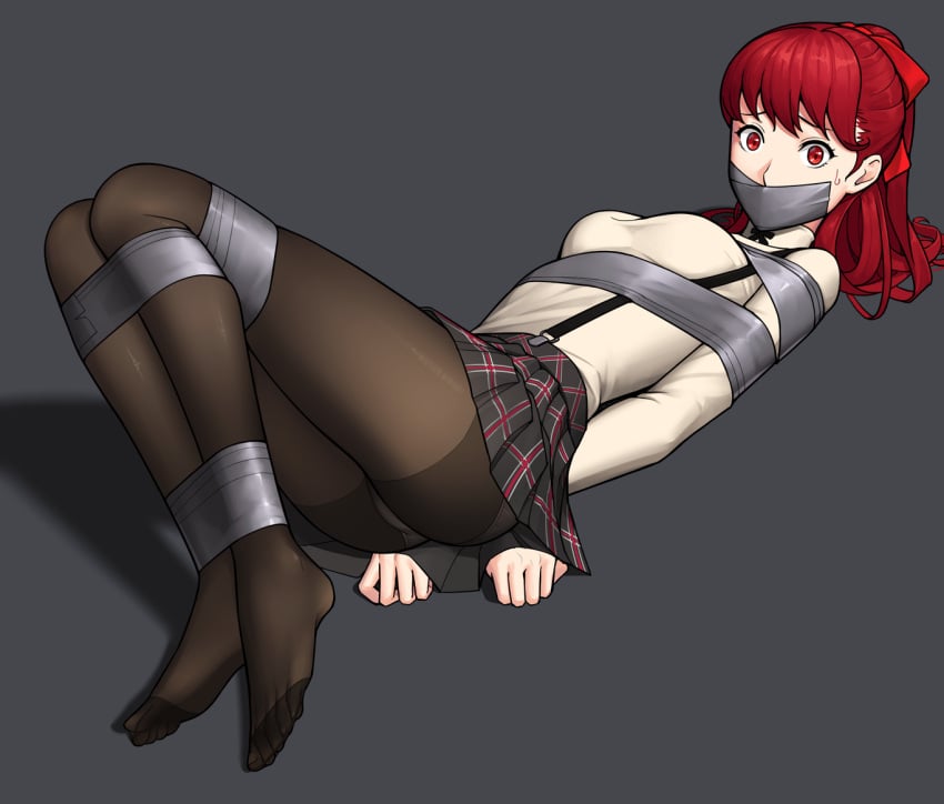 1girls arms_tied_behind_back bondage duct_tape female_only femsub gag gagged gbeeee imminent_sex kasumi_yoshizawa looking_at_viewer miniskirt missionary_position on_back persona persona_5 persona_5_royal red_eyes red_hair scared skirt solo sumire_yoshizawa sweat sweatdrop tagme tape_gag tied_up