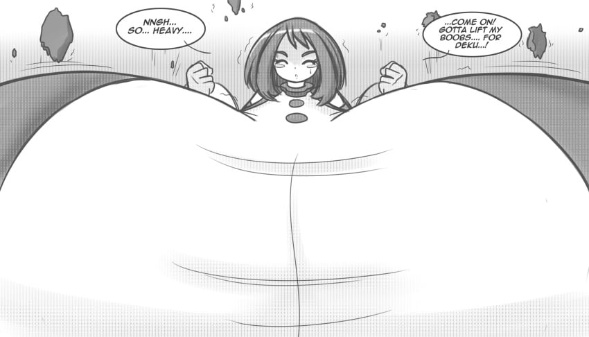 1girls black_and_white breast_expansion breasts_bigger_than_body breasts_bigger_than_head breasts_bigger_than_torso colossal_breasts enormous_breasts female female_only giant_breasts gigantic_breasts huge_breasts hyper hyper_breasts immobile massive_breasts my_hero_academia ochako_uraraka sanone solo text