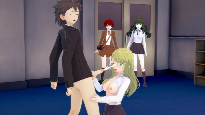 1boy 3d 3girls cuckquean cum cumshot danganronpa danganronpa_3 hand_on_penis handjob hinata_hajime koikatsu koizumi_mahiru kuzuryuu_natsumi sato_(danganronpa) smooth_skin watching