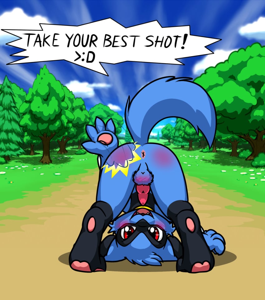 anus ass balls bent_over blush forest knot looking_at_viewer male male_only nintendo penis pokemon presenting raised_tail riolu solo spanking spread_legs spreading tree twotails video_games