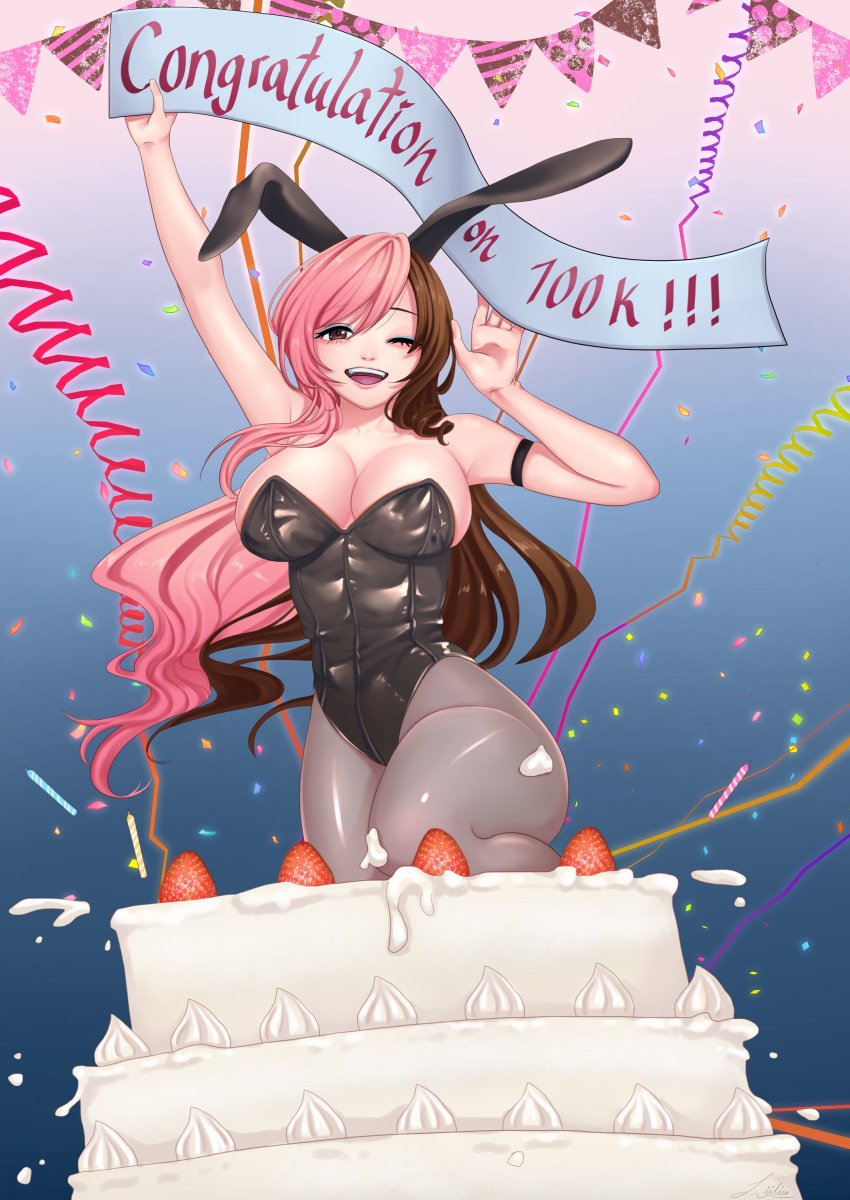 big_breasts bunny_ears bunny_girl bunnysuit cake celebration large_breasts liilica long_hair multicolored_hair neo_(rwby) one_eye_closed out_of_cake rwby wink