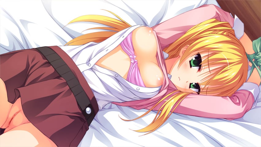 blonde_hair blush bondage bra breasts game_cg green_eyes kanemoto_akari kobuichi nipples noble_works nopan open_clothes open_shirt possible_duplicate pussy shirt uncensored underwear