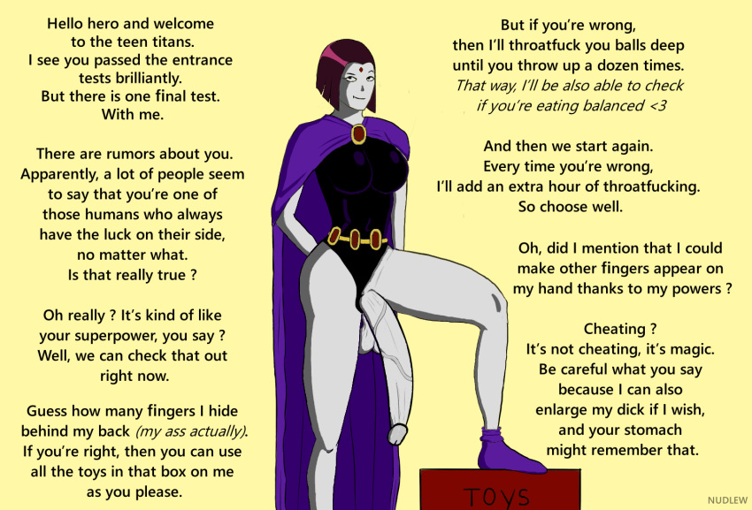 2021 2d balls big_penis caption dc dc_comics dirty_talk futa_only futa_sans_pussy futadom futanari hazing long_penis partially_clothed raven_(dc) smile smiling standing teen_titans