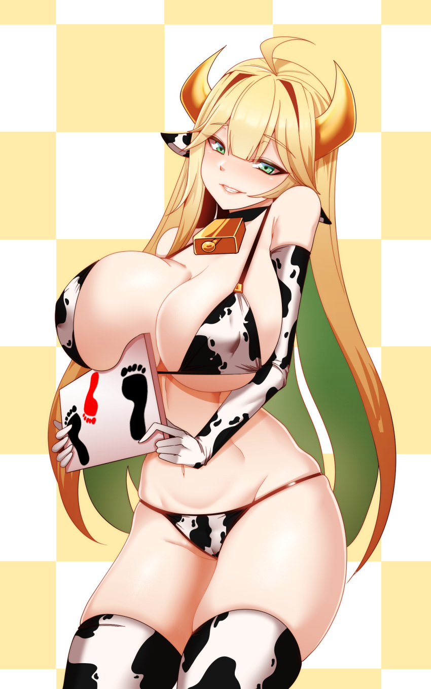 1girls 2021 armwear bell bell_collar big_breasts bikini bikini_bottom bikini_top black_collar blonde_hair breasts cleavage collar cow_ears cow_print cow_print_armwear cow_print_bikini cow_print_legwear cowbell elven_forest_maker elven_forest_maker_(cowgirl_bikini) female female_focus female_only green_eyes horns huge_breasts last_origin legwear looking_at_viewer nipple_bulge orangegoon simple_background solo solo_female solo_focus