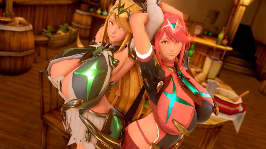 3d abeclndar72 armor armored_dress big_breasts blonde_hair bob_cut breasts females females_only honey_select huge_breasts large_breasts long_hair looking_at_viewer mythra nintendo pyra red_eyes red_hair short_hair thick_thighs top_heavy wide_hips xenoblade_(series) xenoblade_chronicles_2 yellow_eyes