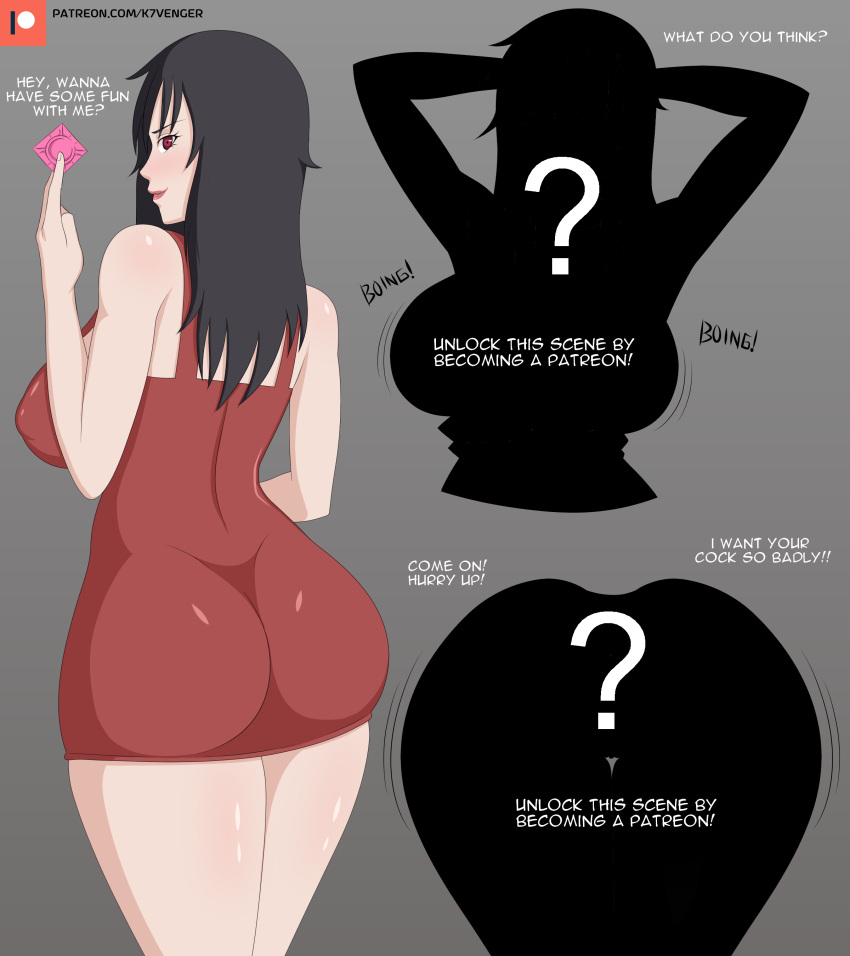 1girls ass bare_arms bare_shoulders big_breasts big_butt bimbo black_hair blush bubble_ass bubble_butt busty clothed clothed_female clothing condom condom_wrapper curvaceous curvy curvy_figure dat_ass dialogue dress english_text female female_focus female_only fully_clothed k7venger kurenai_yuhi large_ass large_breasts lips lipstick looking_at_viewer looking_back mature mature_female milf naruto naruto_(classic) naruto_(series) naruto_shippuden nipple_bulge pink_lips pink_lipstick red_eyes short_dress shounen_jump skimpy skimpy_clothes sleeveless sleeveless_dress solo solo_female solo_focus standing text thick_thighs thighs voluptuous yuuhi_kurenai