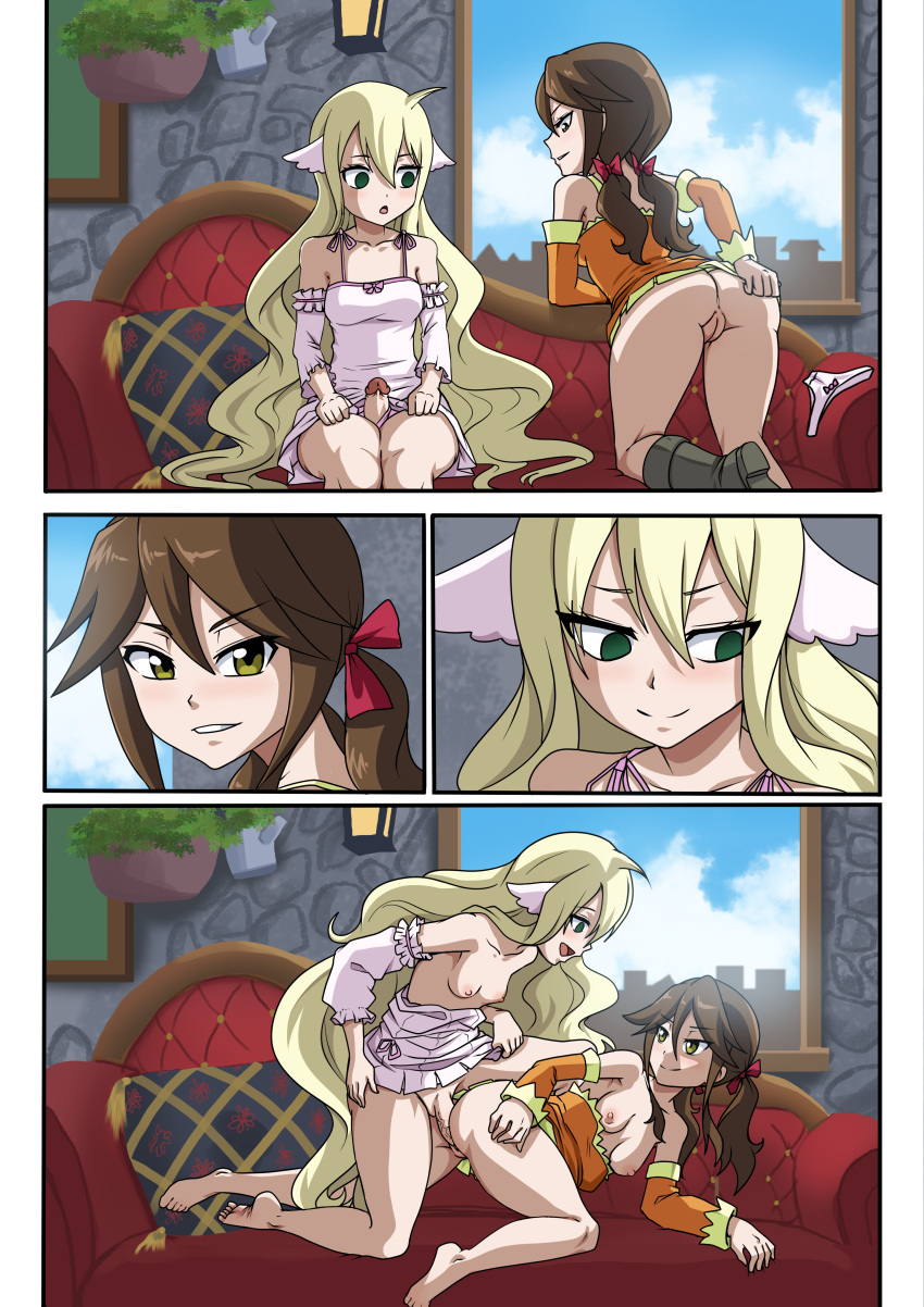 1futa 1girls areolae ass balls blonde_hair bottomless breasts brown_hair clothed clothing comic couch detailed_background doggy_style duo fairy_tail female functionally_nude futa_on_female futanari green_eyes human light-skinned_female light-skinned_futanari light_skin mavis_vermilion pale_skin partially_clothed penis the_dark_mangaka vaginal_penetration zera_(fairy_tail)