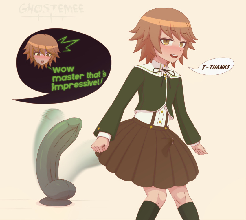 2boys alter_ego_(danganronpa) blush brown_eyes brown_hair crossdressing cum cum_through_clothes danganronpa danganronpa:_trigger_happy_havoc dialogue dildo erection femboy fujisaki_chihiro ghostemee huge_penis motion_lines smooth_skin speech_bubble tagme