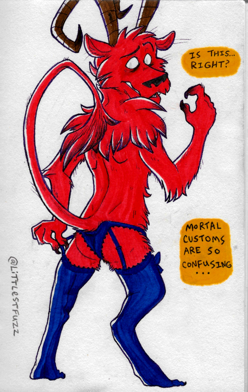 2020 anthro butt claws clothing confusion demon dialogue don't_starve don't_starve_together dont_starve dont_starve_together english_text fur garter_straps hi_res horn imp klei_entertainment legwear lingerie littlestfuzz looking_back male male_only mammal panties raised_tail rear_view red_body red_fur simple_background snout solo speech_bubble stockings tail_tuft text traditional_media_(artwork) tuft underwear video_games wortox