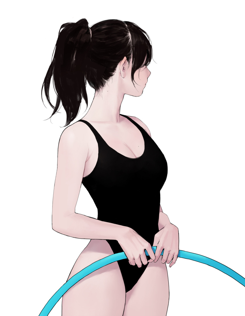 1girls breasts cleavage clothed dhk hula_hoop one-piece_swimsuit ponytail white_background