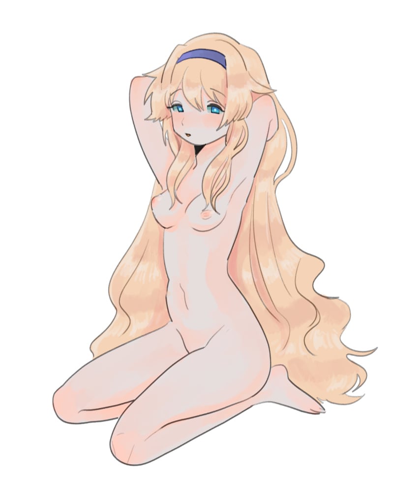 1girls areolae armpits arms_behind_head blonde_hair blush breasts cute embarrassed fault_milestone female hairband long_hair naked nipples nude selphine_rughzenhaide sitting small_breasts solo wariza