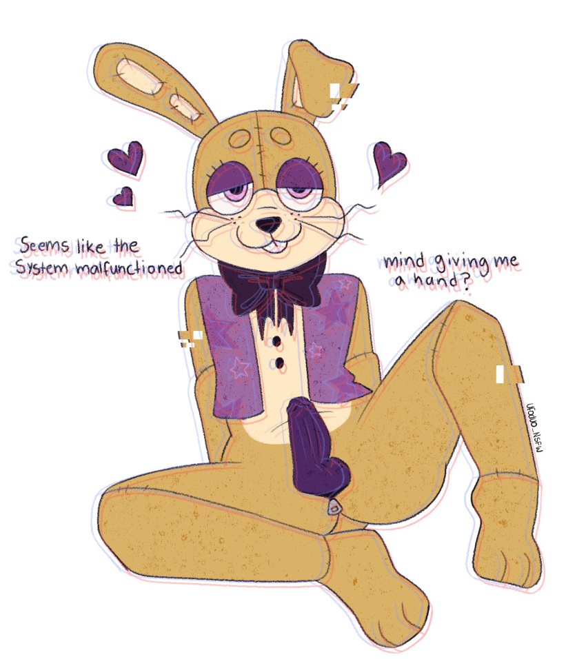 balls_in_bunnysuit bow buttons dialogue feet five_nights_at_freddy's five_nights_at_freddy's:_help_wanted furry glitchtrap heart jacket leg_lift male_only mascot penis purple_clothing purple_penis rabbit sitting smile solo solo_male suit the_mimic_(fnaf) zipper