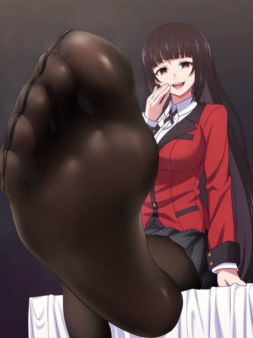 1girls black_legwear feet foot_fetish foot_focus jabami_yumeko kakegurui pov pov_feet school_uniform smile soles solo solo_female tedain