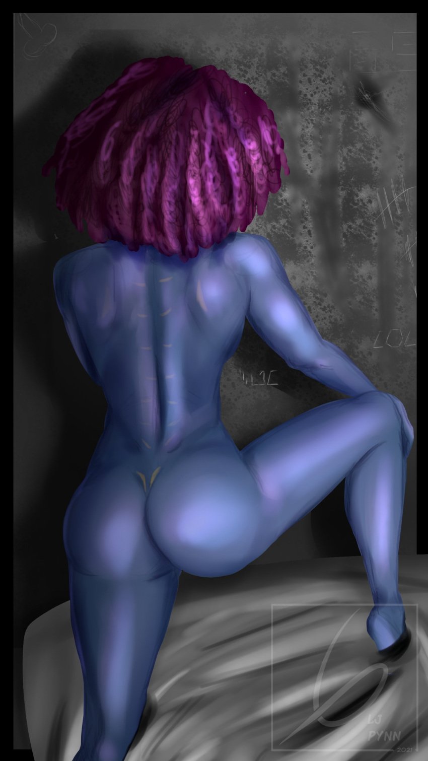 1girls 2020s 2021 alien artist_name ass aurebesh back backboob barefoot bed blue_body blue_skin dated english_text feet female female_only grey_background hair hand_on_knee humanoid indoors leg_up legs lj_pynn lol long_hair one_leg_raised original_character pantoran purple_hair rear_view solo star_wars tagme tally_marks text wall_writing watermark