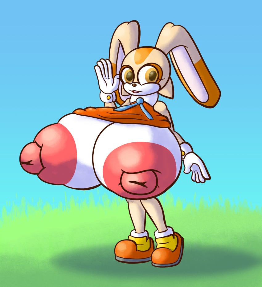 areola big_breasts blue_background breasts breasts_through_clothes clothing cream_the_rabbit female gloves handwear hi_res huge_breasts huge_nipples humanoid hyper hyper_breasts lagomorph leporid mammal nipples pink_nipples puffy_areola puffy_nipples rabbit simple_background solo sonic_(series) sonic_the_hedgehog_(series) sprucy tan_body young